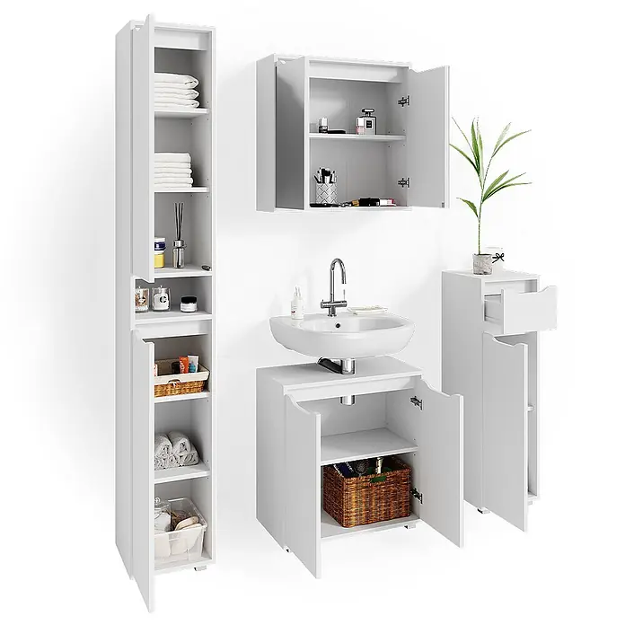 Vicco Badmöbel-Set Ruben Weiß 4 Teile - Gesamtbreite Badmöbel: 120 cm, Weiß, Matt - Weißes Badmöbel-Set mit Hochschrank, Wandschrank, Waschbeckenunterschrank und einem kleineren Unterschrank zur Aufbewahrung.