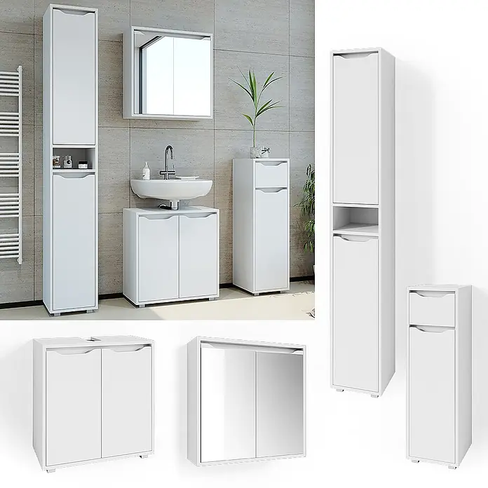 Vicco Badmöbel-Set Ruben Weiß 4 Teile - Gesamtbreite Badmöbel: 120 cm, Weiß, Matt - Weißes Badezimmermöbel-Set mit Hochschrank, Waschbeckenunterschrank, Spiegelschrank und schmalem Aufbewahrungsschrank.