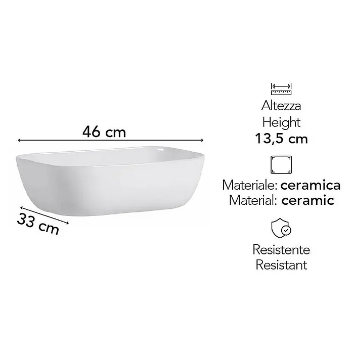 Kiamami Valentina Aufsatzwaschbecken - 330 x 460 cm, Weiß - Weißes Keramik-Waschbecken, rechteckig, 46x33x13,5 cm, widerstandsfähig.