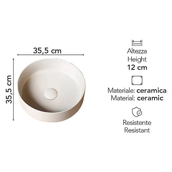 Kiamami Valentina Aufsatzwaschbecken - 35,5 x 35,5 cm, Weiß - Weißes, rundes Keramikwaschbecken, 35,5 cm Durchmesser und 12 cm hoch.