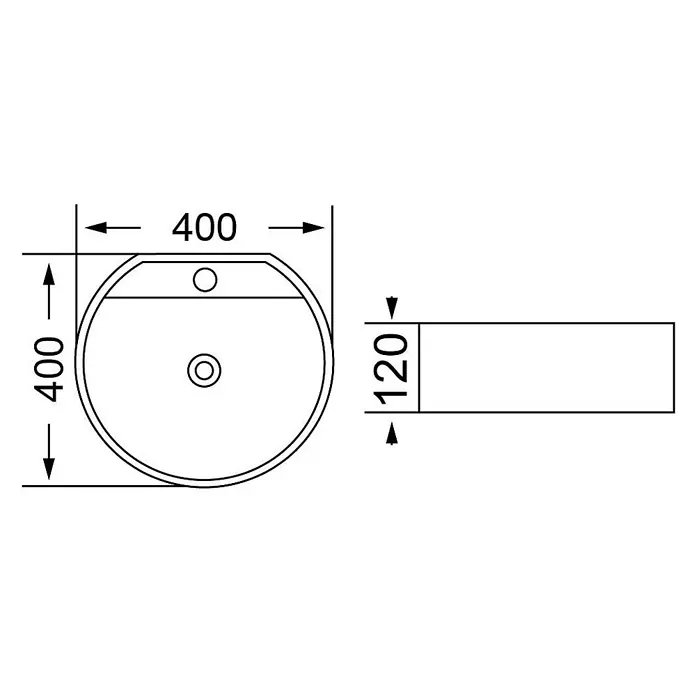 Kiamami Valentina Aufsatzwaschbecken - 40 x 40 cm, Grau - Technisches Zeichnung eines D-förmigen Waschbeckens, 400x400x120mm, mit Hahn- und Abflusslöchern.