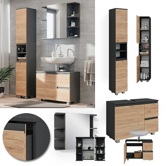 Vicco Badmöbel-Set J-Shape Grau 3 Teile, mit Hochschrank - Gesamtbreite Badmöbel: 110 cm, Grau, Matt - Modernes Badezimmermöbel-Set in Dunkelgrau und heller Holzoptik, bestehend aus Hochschrank, Waschtischunterschrank und Spiegelschrank.