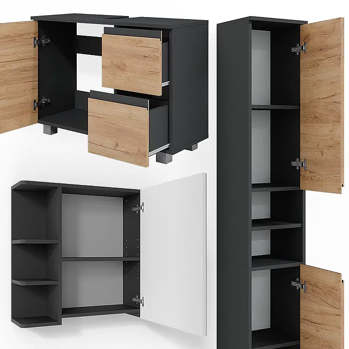 Vicco Badmöbel-Set J-Shape Grau 3 Teile, mit Hochschrank - Gesamtbreite Badmöbel: 110 cm, Grau, Matt - Modulares Badmöbel-Set in Dunkelgrau mit hellen Holzfronten: Waschtischunterschrank, Hochschrank und Wandschrank mit weißer Tür.