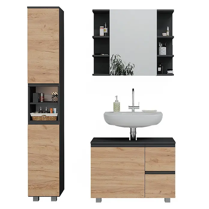 Vicco Badmöbel-Set J-Shape Grau 3 Teile, mit Hochschrank - Gesamtbreite Badmöbel: 110 cm, Grau, Matt - Badezimmermöbel-Set in Holzoptik und Dunkelgrau, mit Hochschrank, Spiegelschrank und Waschtisch mit Waschbecken.