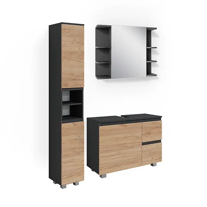 Vicco Badmöbel-Set J-Shape Grau 3 Teile, mit Hochschrank - Gesamtbreite Badmöbel: 110 cm, Grau, Matt - Badmöbelset mit dunkelgrauen Schränken und Holzoptikfronten, inklusive Hochschrank, Waschtischunterschrank und Spiegelschrank.