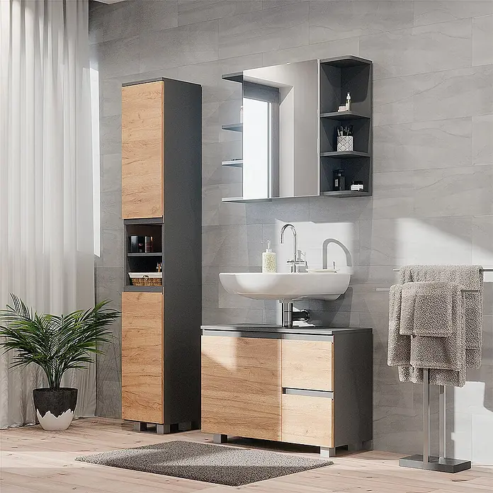 Vicco Badmöbel-Set J-Shape Grau 3 Teile, mit Hochschrank - Gesamtbreite Badmöbel: 110 cm, Grau, Matt - Modernes Badmöbel-Set in Dunkelgrau und heller Holzoptik, bestehend aus Hochschrank, Waschtischunterschrank und Spiegelschrank.