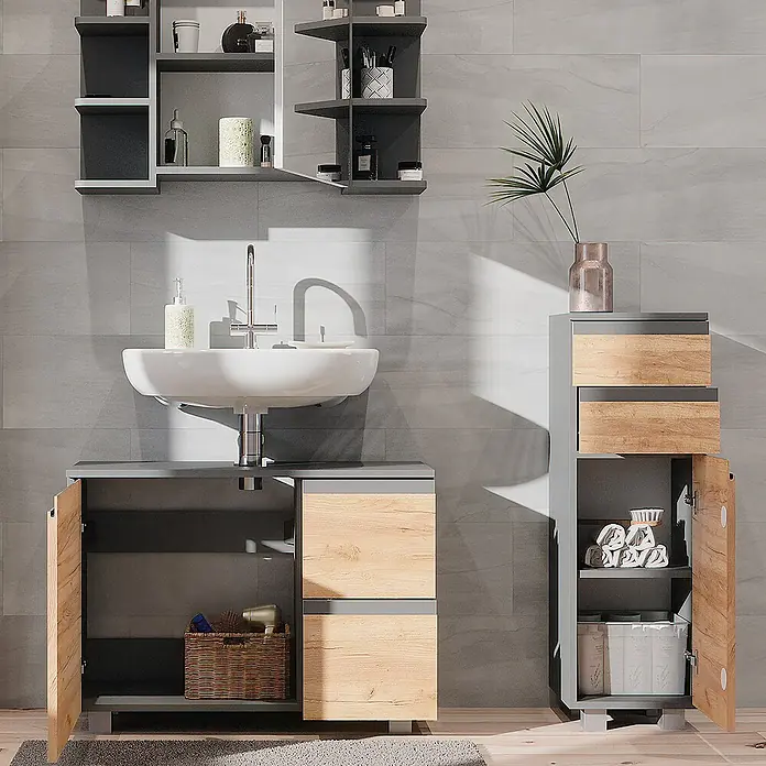 Vicco Badmöbel-Set J-Shape Grau 3 Teile - Gesamtbreite Badmöbel: 110 cm, Grau, Matt - Moderne graue und helle Badmöbel aus Holz mit weißem Waschbecken und passendem Hochschrank.