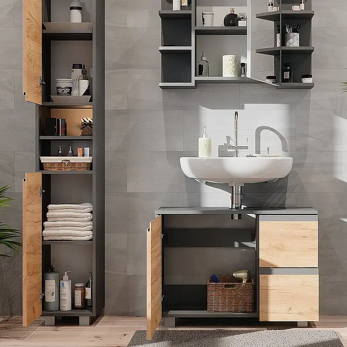 Vicco Badmöbel-Set J-Shape Grau 3 Teile, mit Hochschrank - Gesamtbreite Badmöbel: 110 cm, Grau, Matt - Modernes Badmöbelset mit dunkelgrauen Rahmen und Holzoptikfronten, inklusive Schränken und Wandregalen.