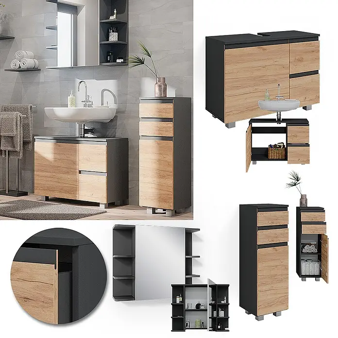 Vicco Badmöbel-Set J-Shape Grau 3 Teile - Gesamtbreite Badmöbel: 110 cm, Grau, Matt - Modernes Badmöbelset in Anthrazit mit Fronten in Holzoptik: Waschtisch- und Hochschrank.