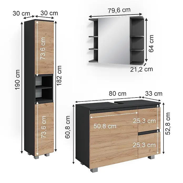 Vicco Badmöbel-Set J-Shape Grau 3 Teile, mit Hochschrank - Gesamtbreite Badmöbel: 110 cm, Grau, Matt - Badezimmermöbel-Set in Dunkelgrau und heller Holzoptik, bestehend aus Hochschrank, Waschtischunterschrank und Spiegelschrank.