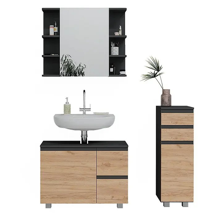 Vicco Badmöbel-Set J-Shape Grau 3 Teile - Gesamtbreite Badmöbel: 110 cm, Grau, Matt - Modernes Badmöbelset in Schwarz und Holz: Waschtisch mit Waschbecken, Spiegelschrank und Hochschrank.