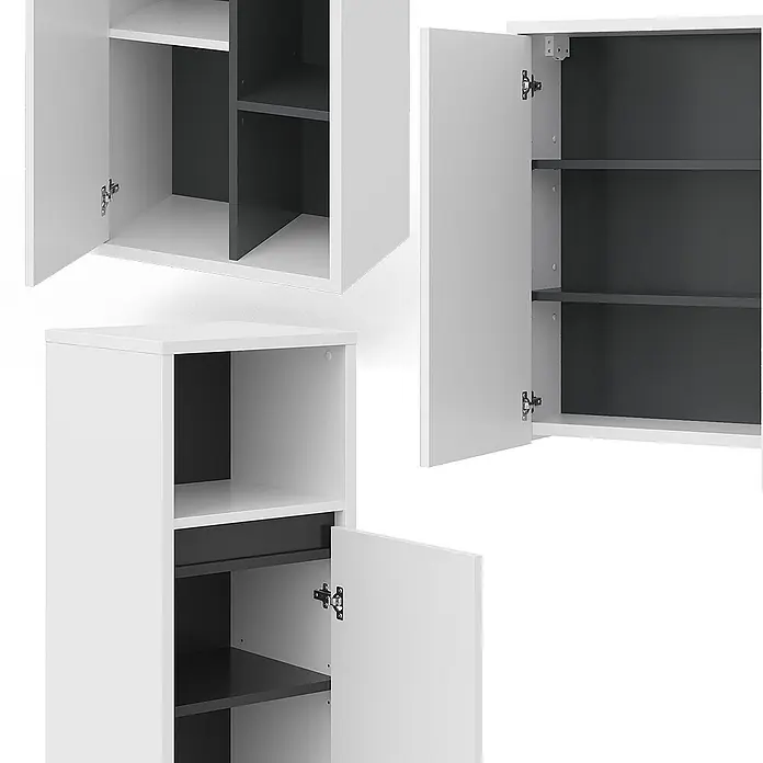 Vicco Badmöbel-Set Viola Weiß 4 Teile - Gesamtbreite Badmöbel: 187,8 cm, Weiß, Matt - Weiße modulare Schränke mit dunkelgrauen Regalböden und Rückwänden, teilweise geöffnet mit Stauraum.