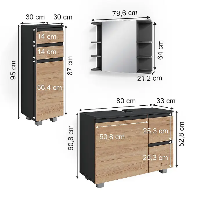 Vicco Badmöbel-Set J-Shape Grau 3 Teile - Gesamtbreite Badmöbel: 110 cm, Grau, Matt - Dreiteiliges Badezimmermöbel-Set in Dunkelgrau und heller Eichenoptik, bestehend aus Hochschrank, Spiegelschrank und Waschtischunterschrank.