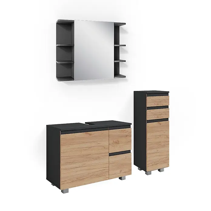 Vicco Badmöbel-Set J-Shape Grau 3 Teile - Gesamtbreite Badmöbel: 110 cm, Grau, Matt - Modernes Badmöbel-Set in Dunkelgrau und heller Holzoptik, bestehend aus Spiegelschrank mit Regalen, Waschtischunterschrank und hohem Schrank.