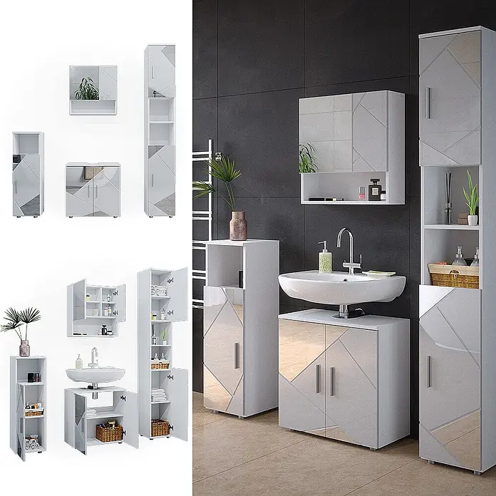 Vicco Badmöbel-Set Irma Weiß Hochglanz mit Einsätzen 4 Teile, mit Hochschrank - Gesamtbreite Badmöbel: 120 cm, Weiß Hochglanz mit Einsätzen, Matt - Weißes Badmöbel-Set mit geometrischen Spiegelelementen, bestehend aus Waschtisch-, Hoch- und Wandschränken, in modernem Badambiente.