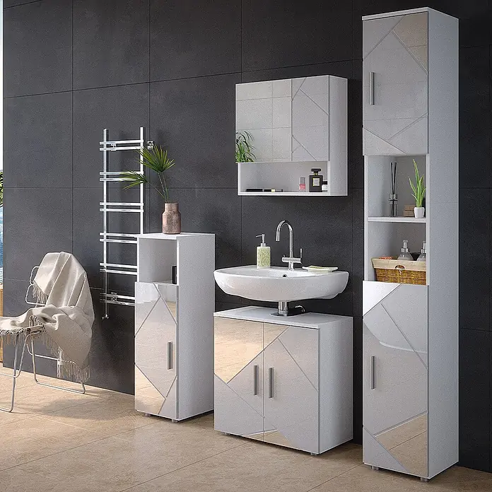 Vicco Badmöbel-Set Irma Weiß Hochglanz mit Einsätzen 4 Teile, mit Hochschrank - Gesamtbreite Badmöbel: 120 cm, Weiß Hochglanz mit Einsätzen, Matt - Weißes Badmöbel-Set mit Spiegelfronten und geometrischen Akzenten, bestehend aus Waschtischunterschrank, Hochschrank und Spiegelschrank.