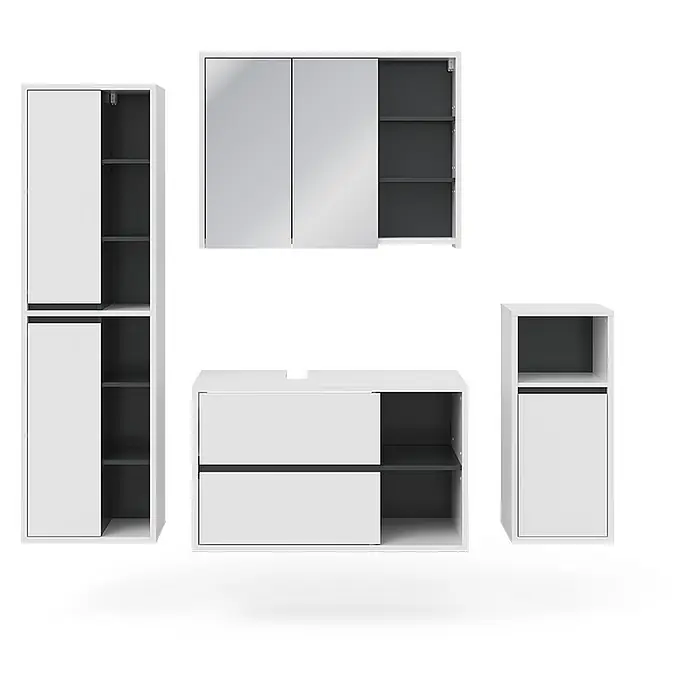 Vicco Badmöbel-Set Viola Weiß 4 Teile - Gesamtbreite Badmöbel: 187,8 cm, Weiß, Matt - Modernes Badmöbel-Set in Weiß und Dunkelgrau mit Hochschrank, Spiegelschrank, Waschtischunterschrank und Beistellschrank.
