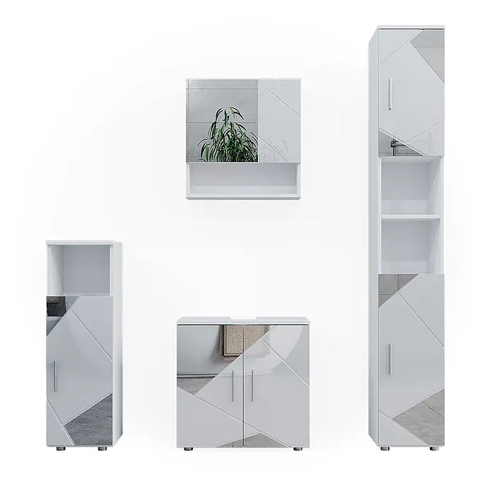 Vicco Badmöbel-Set Irma Weiß Hochglanz mit Einsätzen 4 Teile, mit Hochschrank - Gesamtbreite Badmöbel: 120 cm, Weiß Hochglanz mit Einsätzen, Matt - Weißes Badmöbel-Set mit glänzenden, geometrisch gemusterten Fronten, vielseitiger Stauraum.