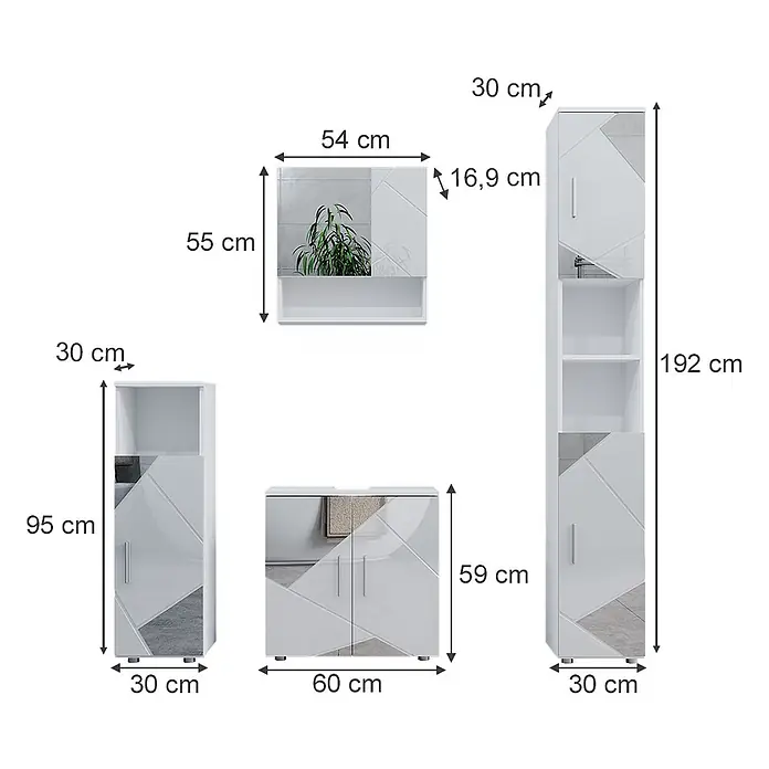 Vicco Badmöbel-Set Irma Weiß Hochglanz mit Einsätzen 4 Teile, mit Hochschrank - Gesamtbreite Badmöbel: 120 cm, Weiß Hochglanz mit Einsätzen, Matt - Weiß-graues Badmöbel-Set mit zwei Hochschränken, Spiegelschrank mit Ablage und einem Unterschrank.