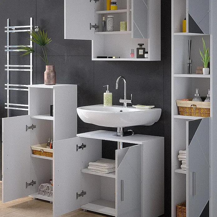 Vicco Badmöbel-Set Irma Weiß Hochglanz mit Einsätzen 4 Teile, mit Hochschrank - Gesamtbreite Badmöbel: 120 cm, Weiß Hochglanz mit Einsätzen, Matt - Weißes Badezimmer-Waschtisch- und Aufbewahrungsmöbelset mit Waschbecken, offenen Regalen und Schränken, in einem modernen Badezimmer.