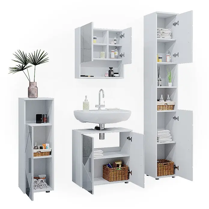 Vicco Badmöbel-Set Irma Weiß Hochglanz mit Einsätzen 4 Teile, mit Hochschrank - Gesamtbreite Badmöbel: 120 cm, Weiß Hochglanz mit Einsätzen, Matt - Weißes Badmöbelset mit Waschbecken, Wandschrank und verschiedenen Aufbewahrungsschränken für Toilettenartikel und Handtücher.