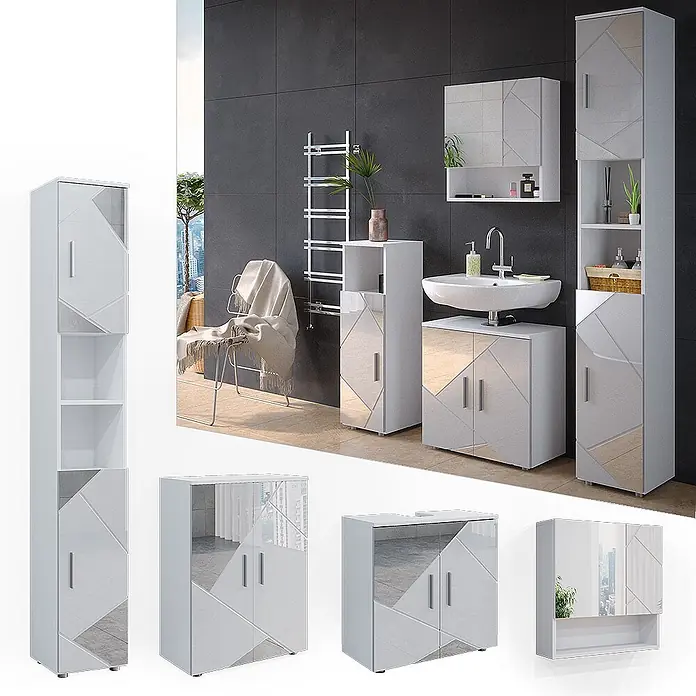 Vicco Badmöbel-Set Irma Weiß Hochglanz mit Einsätzen 4 Teile, mit Hochschrank und Kommode - Gesamtbreite Badmöbel: 150 cm, Weiß Hochglanz mit Einsätzen, Matt - Weißes Badezimmermöbel-Set mit geometrischen Spiegelakzenten, inkl. Schränken und Waschbeckenunterschrank.