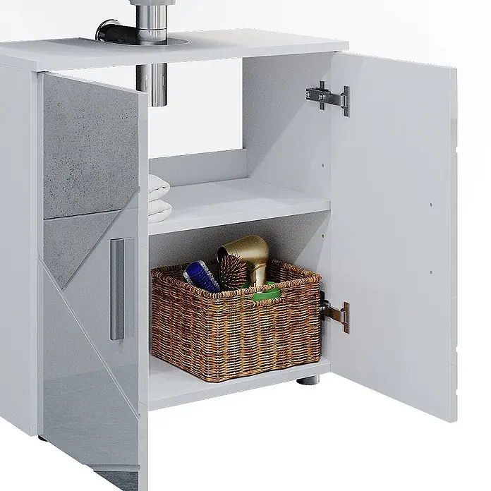 Vicco Badmöbel-Set Irma Weiß Hochglanz mit Einsätzen 4 Teile, mit Hochschrank - Gesamtbreite Badmöbel: 120 cm, Weiß Hochglanz mit Einsätzen, Matt - Weißer Waschtischunterschrank mit offener Tür, grauer Akzentplatte, Innenregalen, Handtüchern und Korb mit Föhn und Bürsten.