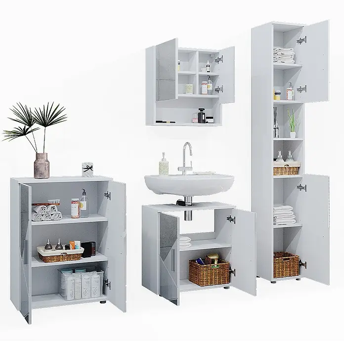 Vicco Badmöbel-Set Irma Weiß Hochglanz mit Einsätzen 4 Teile, mit Hochschrank und Kommode - Gesamtbreite Badmöbel: 150 cm, Weiß Hochglanz mit Einsätzen, Matt - Weißes Badmöbel-Set mit Waschtisch, Spiegelschrank, Hochschrank und Unterschränken, zur Ansicht des Stauraums geöffnet.