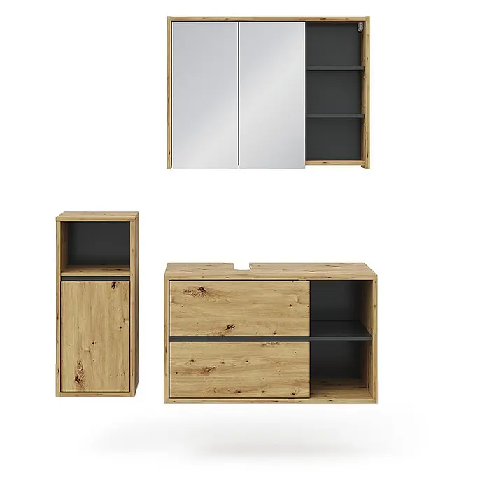 Vicco Badmöbel-Set Viola Artisan-Eiche 3 Teile, mit Midischrank - Gesamtbreite Badmöbel: 137,8 cm, Artisan-Eiche, Matt - Badezimmermöbel-Set mit Spiegelschrank, Hochschrank und Waschtischunterschrank in Eichenholzoptik und dunkelgrauen Akzenten.