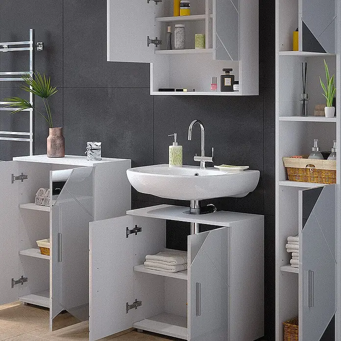 Vicco Badmöbel-Set Irma Weiß Hochglanz mit Einsätzen 4 Teile, mit Hochschrank und Kommode - Gesamtbreite Badmöbel: 150 cm, Weiß Hochglanz mit Einsätzen, Matt - Weißes Badmöbelset mit Waschbecken, offenen Schränken und Regalen für Stauraum.