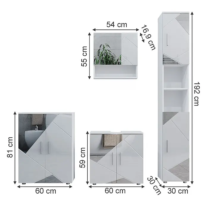 Vicco Badmöbel-Set Irma Weiß Hochglanz mit Einsätzen 4 Teile, mit Hochschrank und Kommode - Gesamtbreite Badmöbel: 150 cm, Weiß Hochglanz mit Einsätzen, Matt