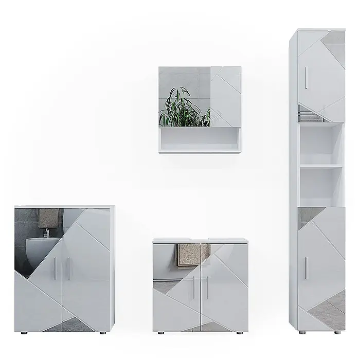 Vicco Badmöbel-Set Irma Weiß Hochglanz mit Einsätzen 4 Teile, mit Hochschrank und Kommode - Gesamtbreite Badmöbel: 150 cm, Weiß Hochglanz mit Einsätzen, Matt - Set weißer Badmöbel mit spiegelnden geometrischen Türdetails: Hochschrank, Wandschrank und zwei Unterschränke.