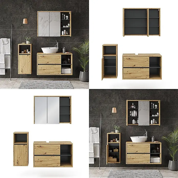Vicco Badmöbel-Set Viola Artisan-Eiche 3 Teile, mit Midischrank - Gesamtbreite Badmöbel: 137,8 cm, Artisan-Eiche, Matt - Wandmontierte Badmöbel: helles Holzwaschtischunterschrank, Hochschrank und Spiegelschrank mit dunkelgrauen Akzenten.