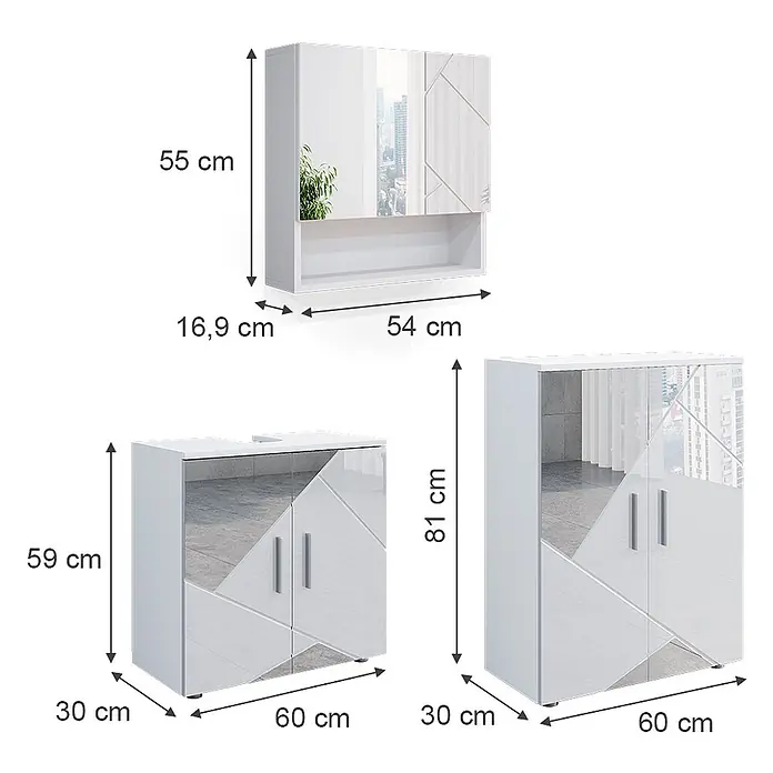 Vicco Badmöbel-Set Irma Weiß Hochglanz mit Einsätzen 3 Teile, mit Unterschrank 60 cm - Gesamtbreite Badmöbel: 120 cm, Weiß Hochglanz mit Einsätzen, Matt - Drei weiße Badezimmerschränke mit Spiegeltüren und geometrischen Details, mit ihren Maßen.
