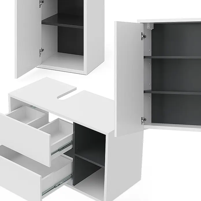 Vicco Badmöbel-Set Viola Weiß 3 Teile, mit Midischrank - Gesamtbreite Badmöbel: 137,8 cm, Weiß, Matt - Modulares Möbelstück in Weiß und Dunkelgrau mit offenen Schubladen, Regalen und Flügeltürenschränken.