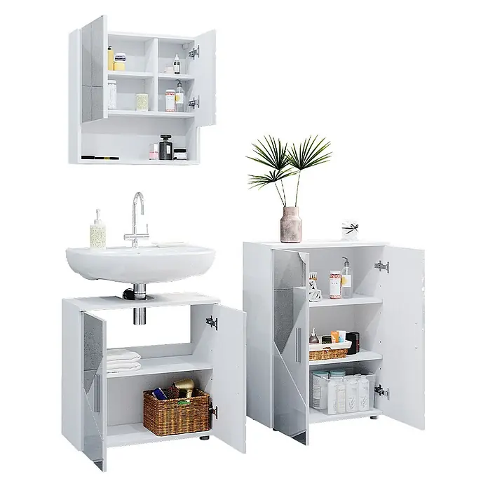 Vicco Badmöbel-Set Irma Weiß Hochglanz mit Einsätzen 3 Teile, mit Unterschrank 60 cm - Gesamtbreite Badmöbel: 120 cm, Weiß Hochglanz mit Einsätzen, Matt - Weißes Hochglanz Badmöbel-Set mit Spiegelschrank, Waschtisch und Hochschrank für Stauraum im Badezimmer.