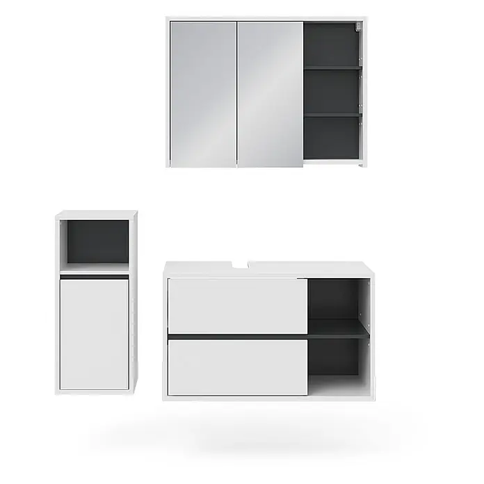 Vicco Badmöbel-Set Viola Weiß 3 Teile, mit Midischrank - Gesamtbreite Badmöbel: 137,8 cm, Weiß, Matt - Modernes weiß-dunkelgraues Modul-Badezimmermöbelset: Spiegelschrank, Hochschrank und Waschtischunterschrank mit Schubladen und offenen Regalen.