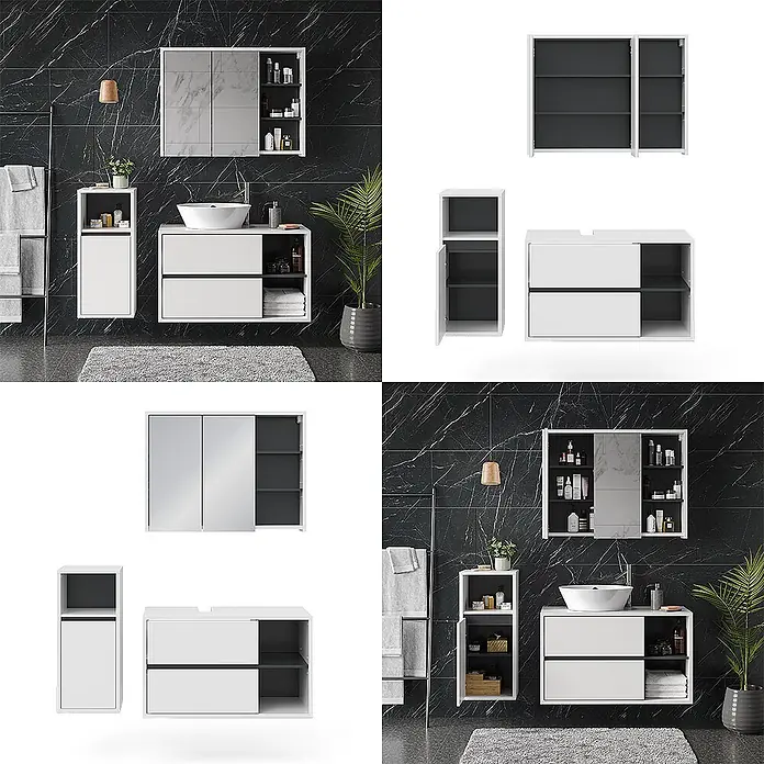 Vicco Badmöbel-Set Viola Weiß 3 Teile, mit Midischrank - Gesamtbreite Badmöbel: 137,8 cm, Weiß, Matt - Modernes Badmöbel-Set in Weiß und Dunkelgrau: Waschtisch mit Waschbecken, hoher Seitenschrank und Spiegelschrank, in Badumgebung gezeigt.