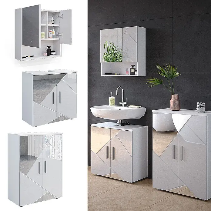 Vicco Badmöbel-Set Irma Weiß Hochglanz mit Einsätzen 3 Teile, mit Unterschrank 60 cm - Gesamtbreite Badmöbel: 120 cm, Weiß Hochglanz mit Einsätzen, Matt - Weißes Badmöbelset mit verspiegelten geometrischen Akzenten, bestehend aus Spiegelschrank, Unterschrank und Hochschrank.