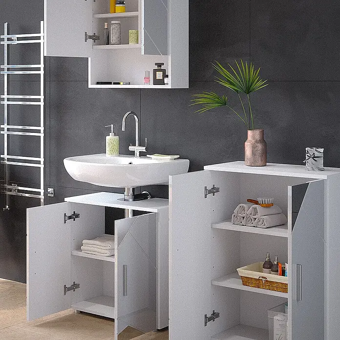 Vicco Badmöbel-Set Irma Weiß Hochglanz mit Einsätzen 3 Teile, mit Unterschrank 60 cm - Gesamtbreite Badmöbel: 120 cm, Weiß Hochglanz mit Einsätzen, Matt - Weißes Badmöbel-Set mit Waschbecken, offenen Schränken und einem Hochschrank in einem modernen Bad.