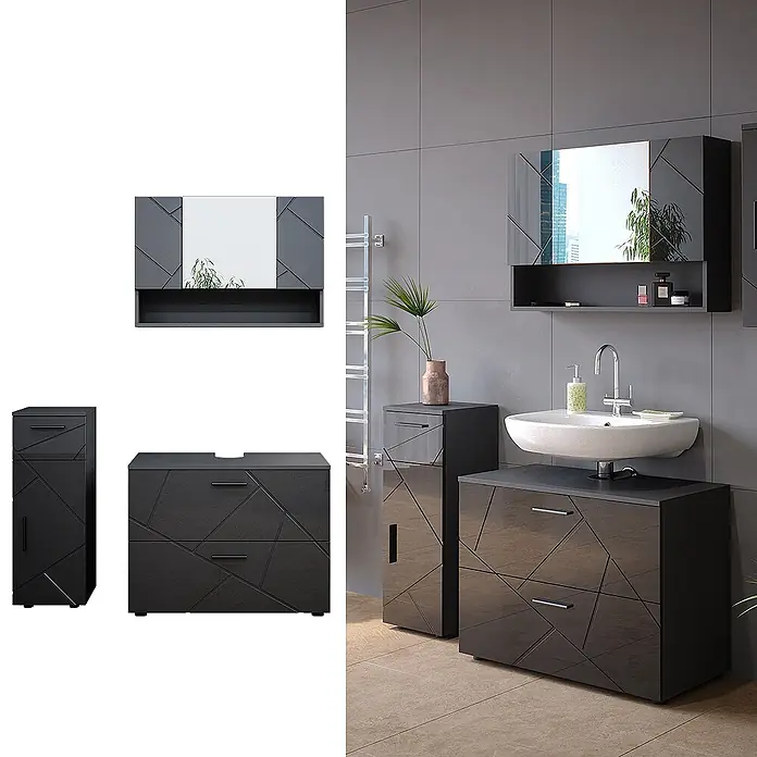 Vicco Badmöbel-Set Irma Anthrazit Hochglanz 3 Teile,mit Schubladenschrank und Midischrank - Anthrazit Hochglanz, Glänzend - Anthrazitfarbenes Badmöbelset mit geometrischem Muster: Waschtischunterschrank, Hochschrank und Spiegelschrank.