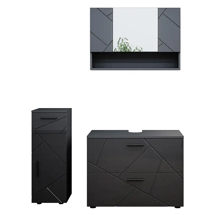 Vicco Badmöbel-Set Irma Anthrazit Hochglanz 3 Teile,mit Schubladenschrank und Midischrank - Anthrazit Hochglanz, Glänzend - Dunkelgraues Badezimmermöbel-Set: Waschtischunterschrank, Hochschrank und Spiegelschrank, alle mit geometrischen Mustern.