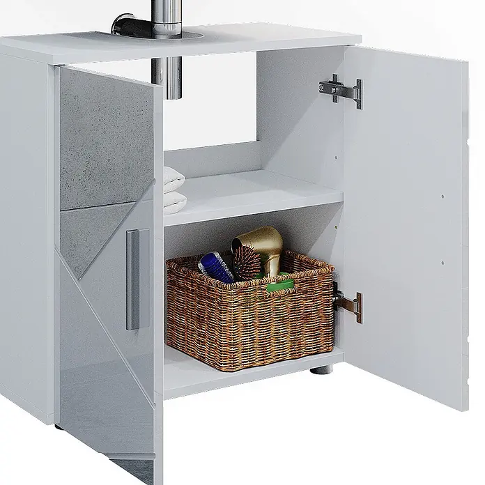 Vicco Badmöbel-Set Irma Weiß Hochglanz mit Einsätzen 3 Teile, mit Hochschrank - Gesamtbreite Badmöbel: 90 cm, Weiß Hochglanz mit Einsätzen, Matt - Weißer Badezimmerschrank mit offener Tür, Innenablage, Aufbewahrungskorb und Handtüchern. Mit grauem Strukturelement.