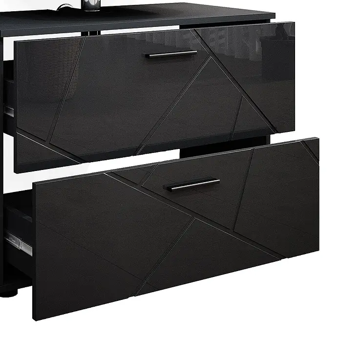 Vicco Badmöbel-Set Irma Anthrazit Hochglanz 3 Teile,mit Schubladenschrank und Midischrank - Anthrazit Hochglanz, Glänzend - Zwei dunkelgraue Schubladen mit glänzenden, geometrischen Fronten, teils geöffnet, zeigen die Auszüge.