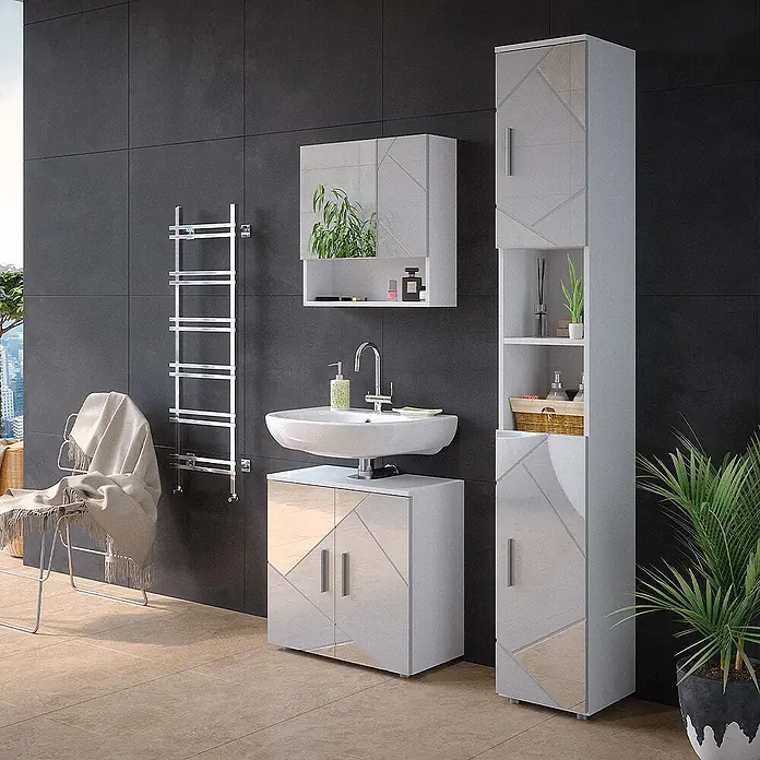 Vicco Badmöbel-Set Irma Weiß Hochglanz mit Einsätzen 3 Teile, mit Hochschrank - Gesamtbreite Badmöbel: 90 cm, Weiß Hochglanz mit Einsätzen, Matt - Modernes weißes Badmöbel-Set mit geometrischen Spiegelelementen: Waschbeckenunterschrank, Wandschrank und Hochschrank.
