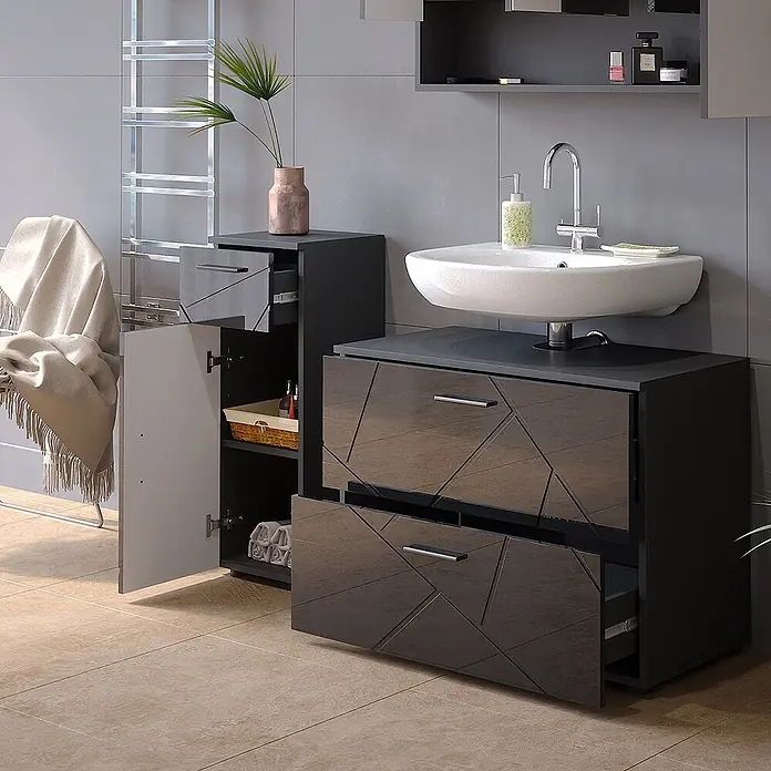 Vicco Badmöbel-Set Irma Anthrazit Hochglanz 3 Teile,mit Schubladenschrank und Midischrank - Anthrazit Hochglanz, Glänzend - Moderne dunkelgraue Badmöbel mit weißem Waschbecken und passendem Schrank, mit geometrisch gemusterten Türen und Schubladen.
