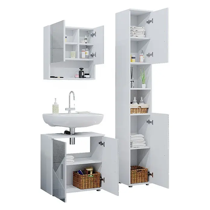Vicco Badmöbel-Set Irma Weiß Hochglanz mit Einsätzen 3 Teile, mit Hochschrank - Gesamtbreite Badmöbel: 90 cm, Weiß Hochglanz mit Einsätzen, Matt - Weißes Badezimmermöbel-Set mit Spiegelschrank, Waschbeckenunterschrank und hohem Stauraumschrank.