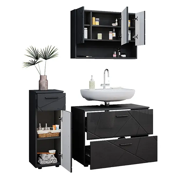 Vicco Badmöbel-Set Irma Anthrazit Hochglanz 3 Teile,mit Schubladenschrank und Midischrank - Anthrazit Hochglanz, Glänzend - Dunkelgraues modernes Badmöbel-Set mit Waschbecken, Wandschrank und Hochschrank, alle mit geometrischen Mustern und viel Stauraum.