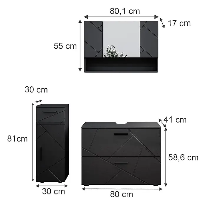 Vicco Badmöbel-Set Irma Anthrazit Hochglanz 3 Teile,mit Schubladenschrank und Midischrank - Anthrazit Hochglanz, Glänzend - Dunkelgraues Badmöbel-Set mit geometrischem Muster und Größenangaben.