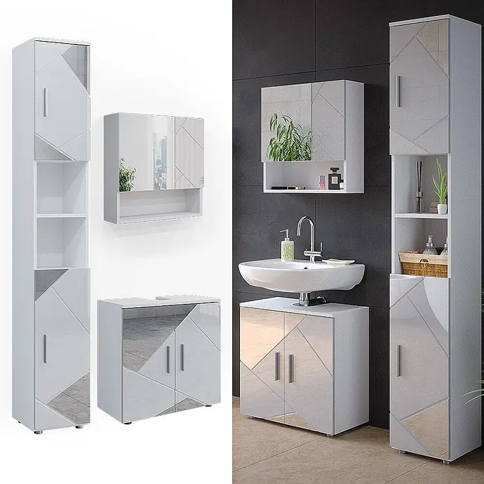Vicco Badmöbel-Set Irma Weiß Hochglanz mit Einsätzen 3 Teile, mit Hochschrank - Gesamtbreite Badmöbel: 90 cm, Weiß Hochglanz mit Einsätzen, Matt - Modernes hochglänzendes weißes Badezimmermöbelset mit verspiegelten geometrischen Akzenten, Waschtischunterschrank, Hochschrank und Wandschrank.